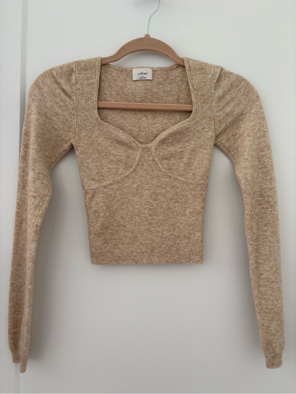 Wilfred Neutral Beige Knit Long-Sleeve Sweetheart Crop Top